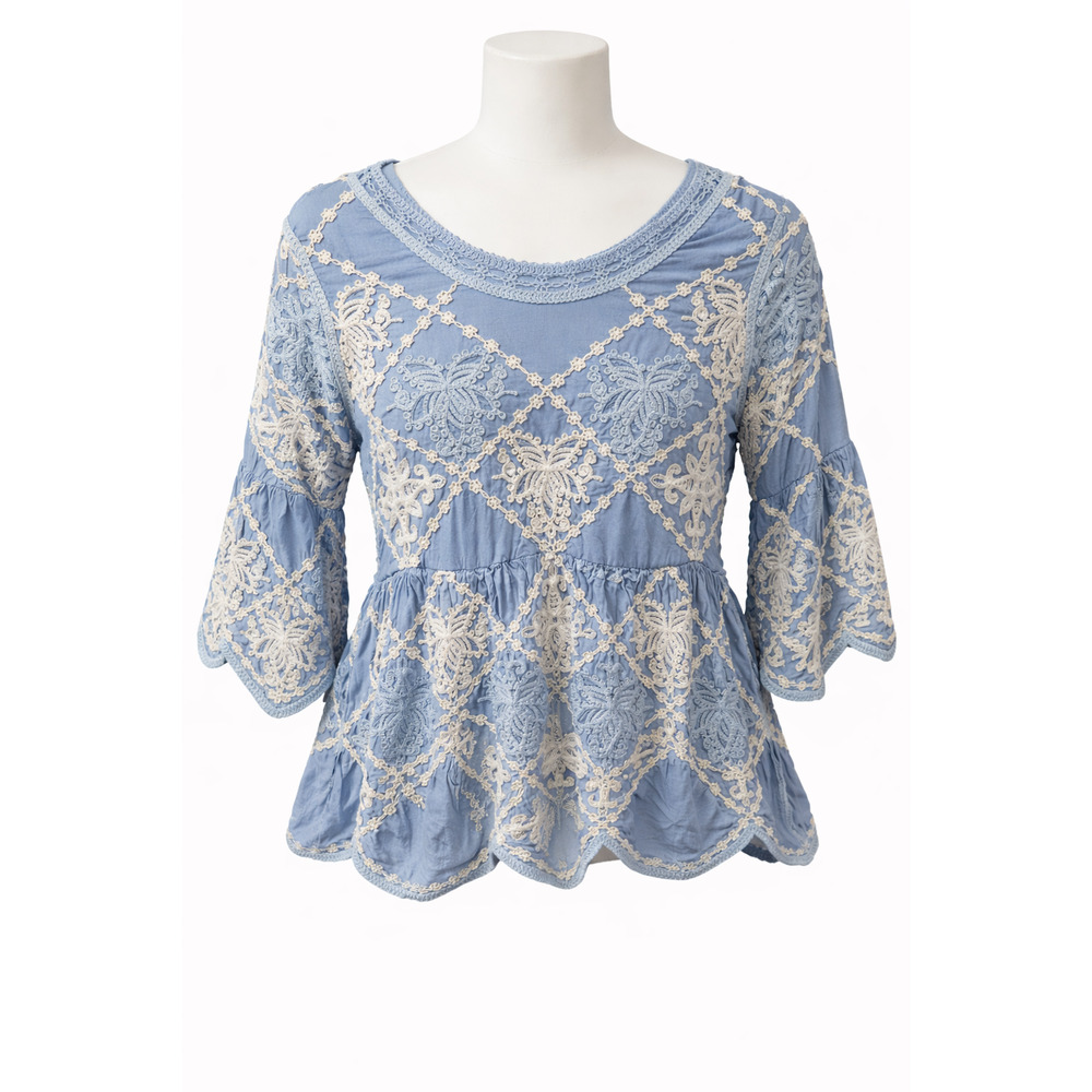 Boho Cottagecore Lace Embroidered Blue Peplum Top Romantic Kindred S